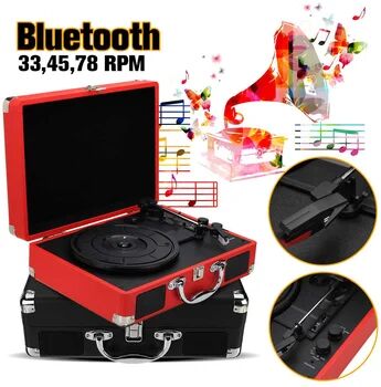 Plastic Wood Retro 33/45/78 RPM bluetooth PH/ INT/ BT 2.0 Suitcase Turntable Vinyl LP Record Phone Player 3-Speed 3.5mm AUX IN