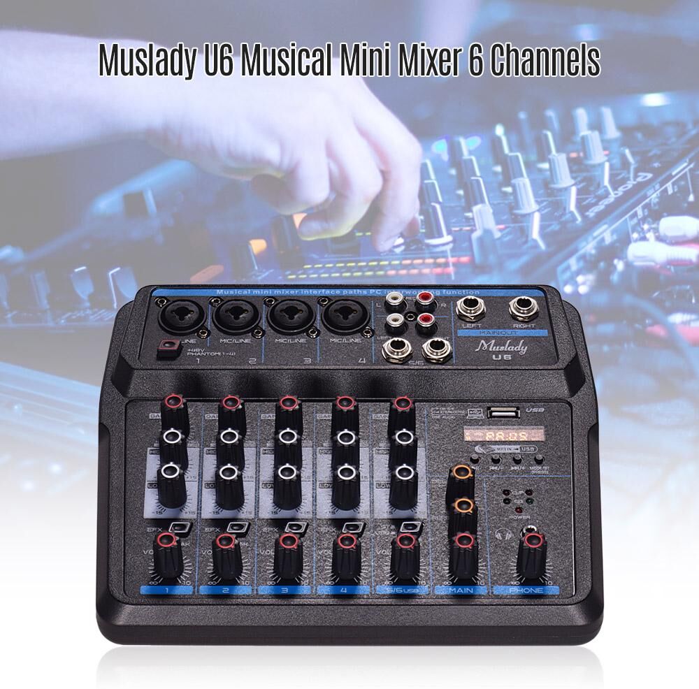 TOMTOP JMS Muslady U6 Musical Mini Mixer 6 Channels Audio Mixers BT USB Mixing Console with Sound Card Built-in 48V Phantom Power EU Plug