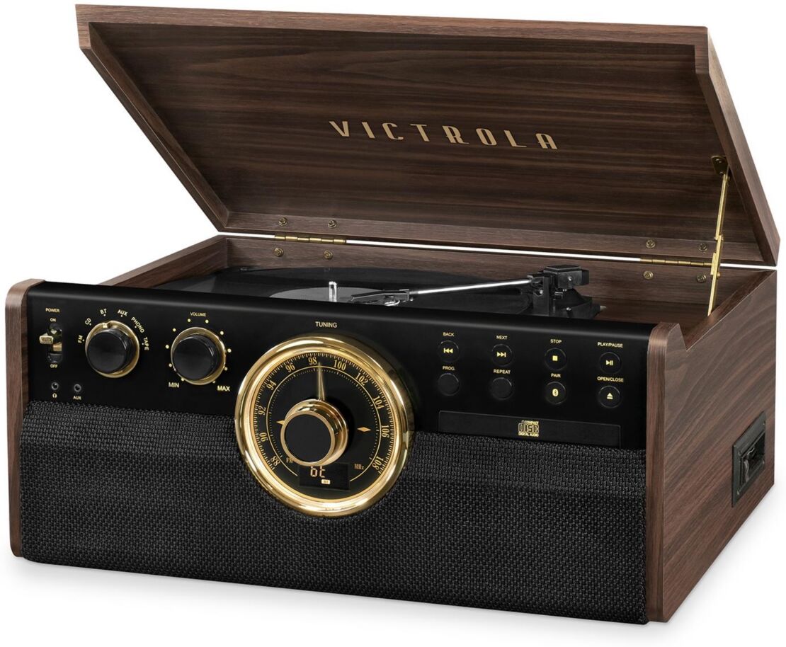 Innovative Technology Victrola 6-in-1 Wood Empire Mid Century Modern Bluetooth Record Player with 3-Speed Turntable, Cd, Cassette Player and Radio - Espresso