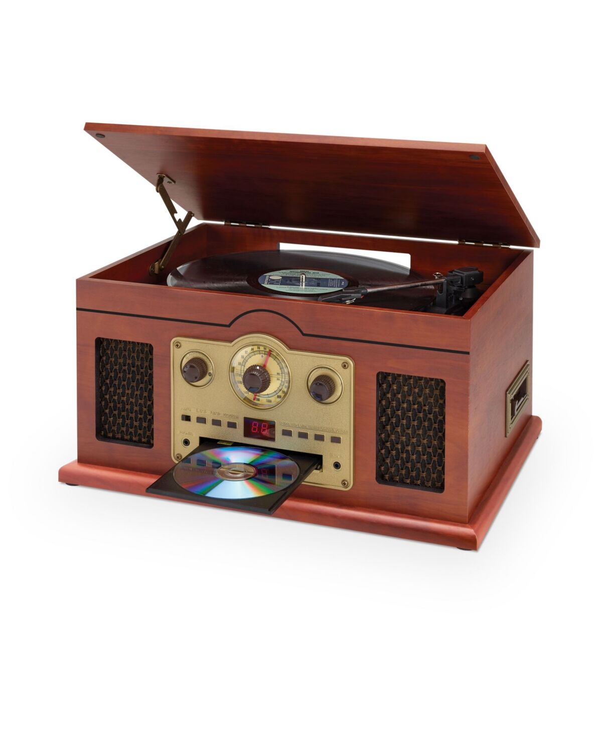 iLive 6-in-1 Bluetooth Turntable with Cd or Cassette Players and Am or Fm Radio, ITTB610LW - Brown
