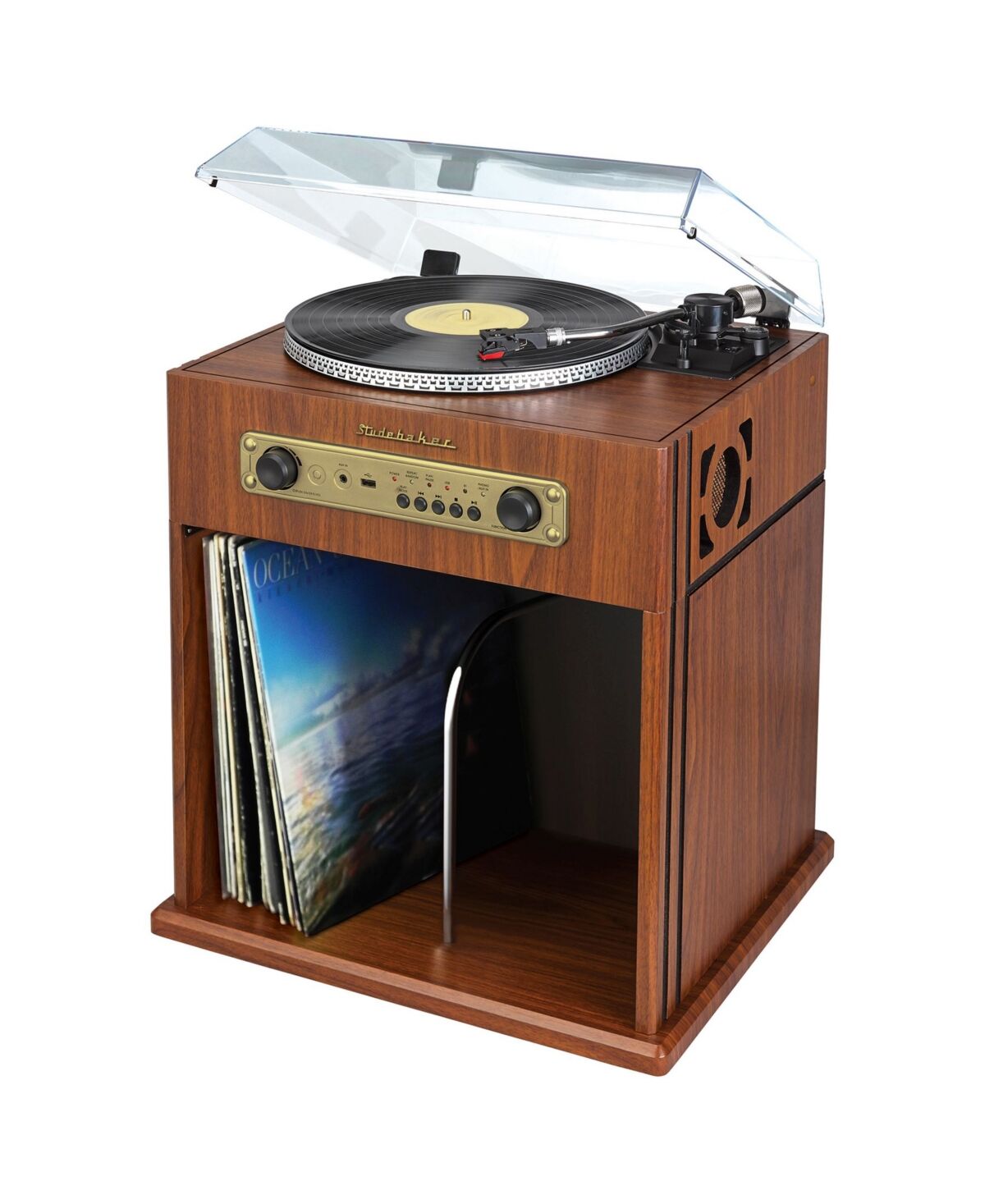 Studebaker SB6059 Stereo Turntable with Bluetooth Receiver and Record Storage Compartment - Woodgrain