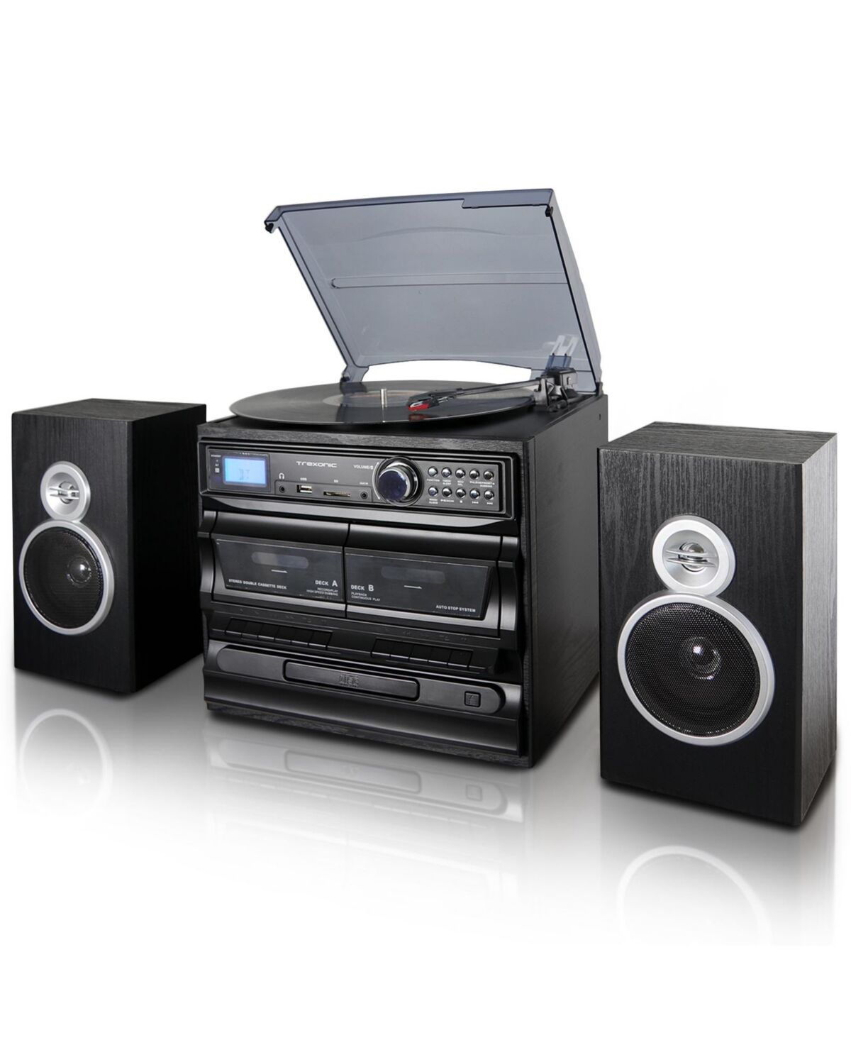 Trexonic 3-Speed Vinyl Turntable Home Stereo System with Cd Player, Dual Cassette Player, Bluetooth, Fm Radio & Usb/Sd Recording and Wired Shelf Speak