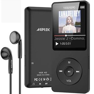 AGPTEK 16Go MP3 Bluetooth 5.0 Longue Autonomie, Lecteur de Musique Sport HiFi Écran 1.8'' TFT avec Podomètre, Radio FM, Enregistrement Vocal, Carte TF Jusqu’à 128G (Non Incluse), Noir - Publicité