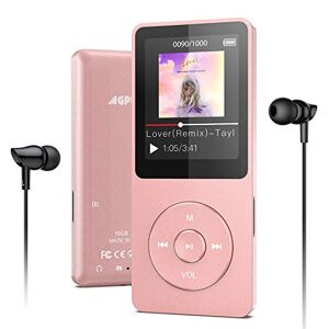 AGPTEK 16Go MP3 Bluetooth 5.0 Longue Autonomie, Lecteur de Musique Sport HiFi Écran 1.8'' TFT avec Podomètre, Radio FM, Enregistrement Vocal, Carte TF Jusqu’à 128G (Non Incluse), Or Rose - Publicité