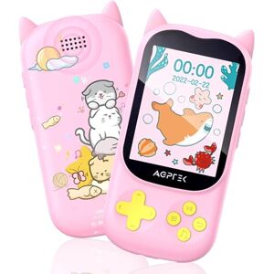 AGPTEK 32Go MP3 Enfant Bluetooth 5.3 avec Haut-Parleur, Mignon Chat Design Lecteur Écran TFT 2,4 Pouces, Baladeur Fille avec Bouton de Jeu/Volume, Radio FM,Réveil,Carte TF Jusqu'à 128G-Rose - Publicité