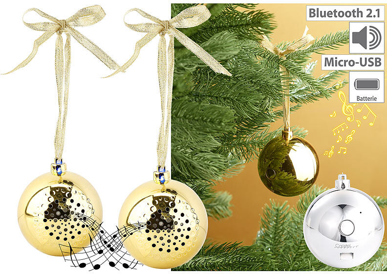 Callstel 2er-Set Christbaumkugel-Lautsprecher mit Bluetooth, goldfarben