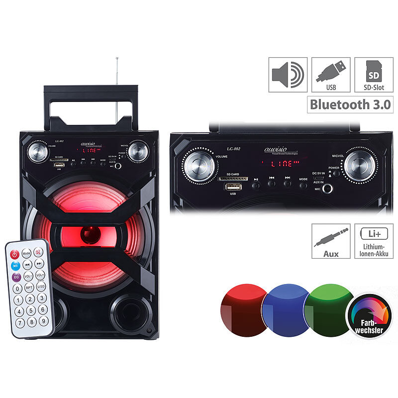 auvisio Mobile Akku-Musikanlage, Bluetooth, Karaoke-Funktion, USB, SD, 30 Watt