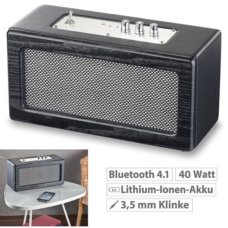 auvisio Mobiler Retro-Lautsprecher mit Bluetooth 4.1 und AUX-Eingang, 40 Watt