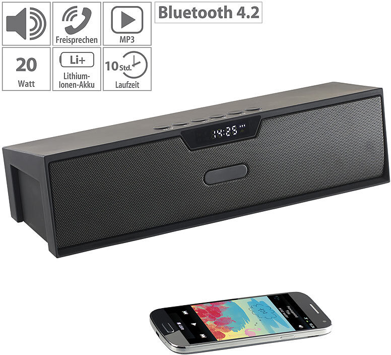 auvisio Stereo-Lautsprecher, Bluetooth, Freisprecher, MP3, Radio, Wecker, 20 W