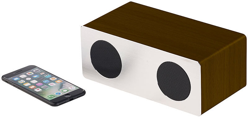 auvisio Stereo-Lautsprecher, Bluetooth, Holzgehäuse, Alu-Front, 20 W, 400 mAh