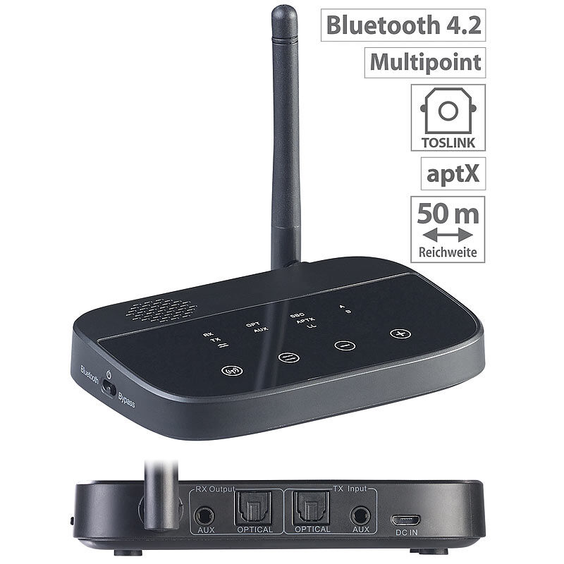 auvisio 2in1-Audio-Sender & -Empfänger, Bluetooth 4.2, aptX, 50 m Reichweite