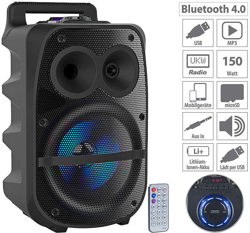 auvisio Mobile PA-Partyanlage, Bluetooth, MP3, USB, SD, Karaoke, UKW, 150 Watt