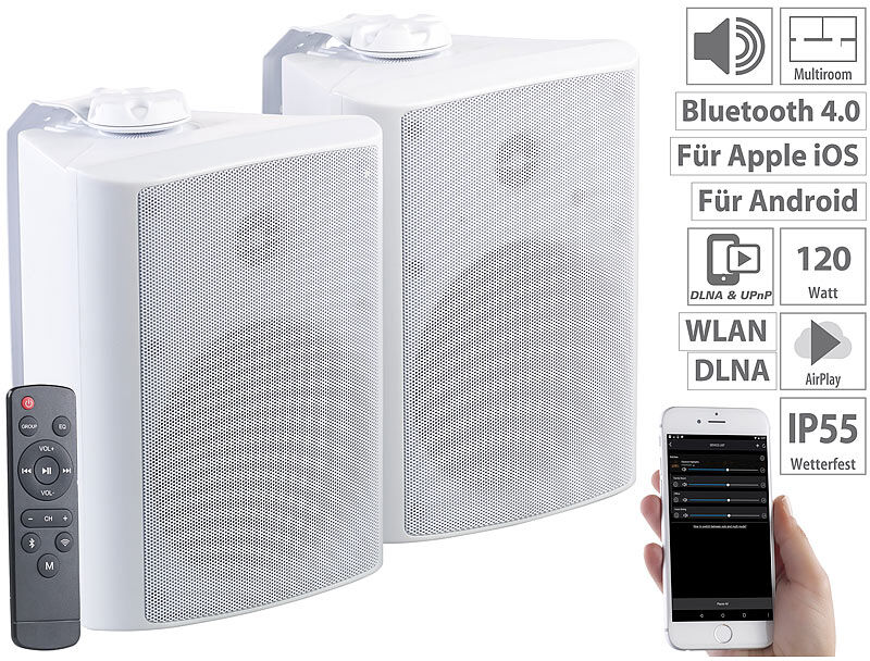 auvisio Aktiv-Multiroom-Stereo-Außen-Lautsprecher, WLAN, Bluetooth, 120W, IP55