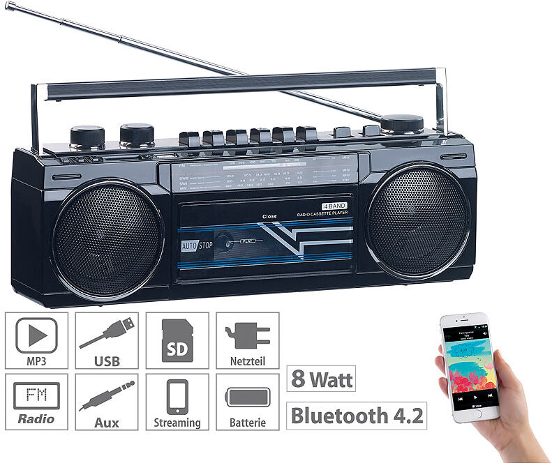 auvisio Retro-Boombox mit Kassetten-Player, Radio, USB, SD & Bluetooth, 8 Watt