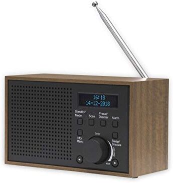 111111000390 DAB och FM-radio, DAB-46, mörkgrå, klocka och väckarklocka, fungerar med batteri och ström, 2 W ljudutgång, träfinish.