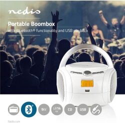 Nedis Boombox   9 W   Bluetooth®   CD-afspiller/FM-radio/USB/AUX   Hvid, SPBB100