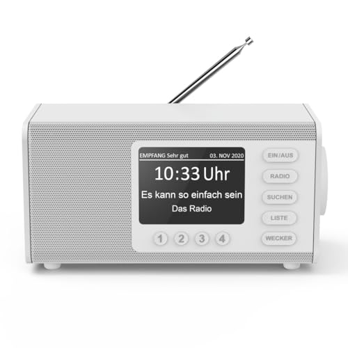 Hama DAB radio met DAB+/DAB en FM DR1000DE (digitale radio met groot display, keukenradio met eenvoudige bediening, kleine radio met grote toetsen, FM, AUX, 5 W, radiowekker, seniorenradio) wit