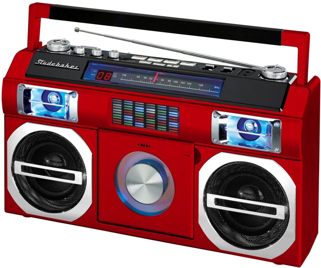 Studebaker SB2145R 80's Retro Street Bluetooth Boombox with Fm Radio, Cd Player - Red