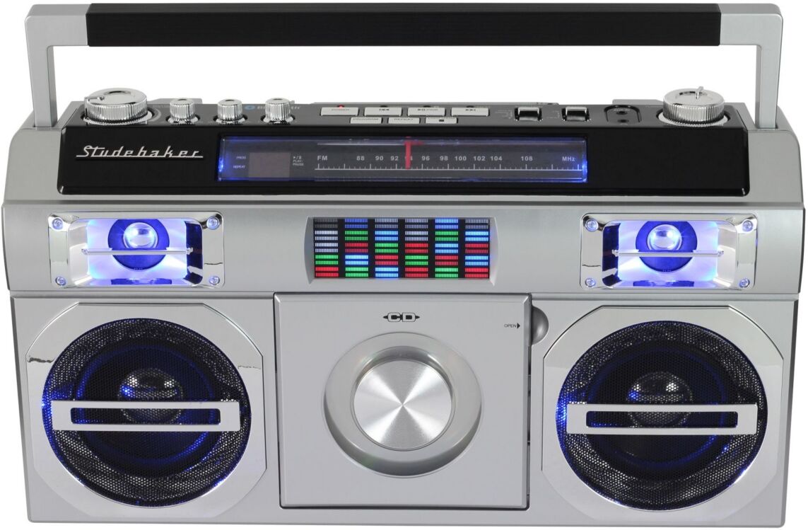 Studebaker SB2145S 80's Retro Street Bluetooth Boombox with Fm Radio, Cd Player - Silver