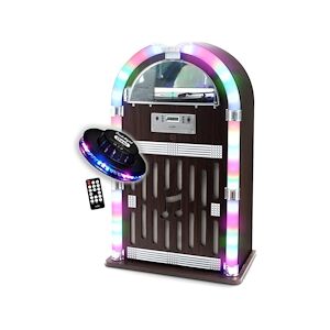 Jukebox Chaîne Hifi Jukebox Retro 60W avec tourne disque vinyle Bluetooth, CD, FM + télécommande, Jeu de lumière OVNI LED