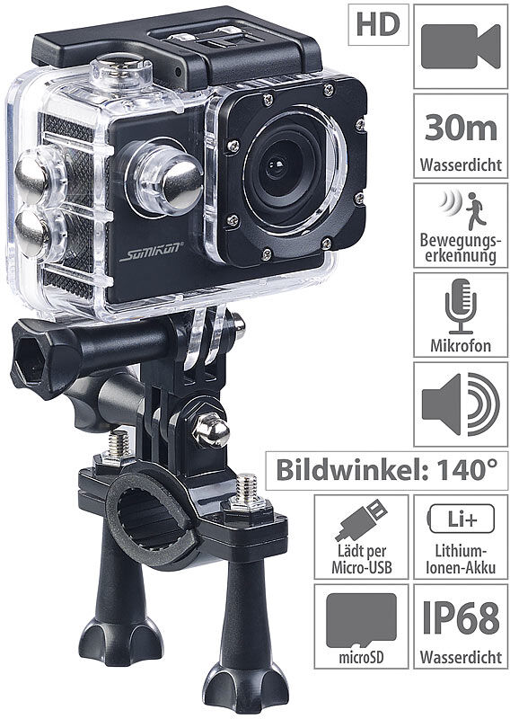 Somikon HD-Action-Cam DV-1212 V2 mit Unterwasser-Gehäuse, IP68, bis 30 m