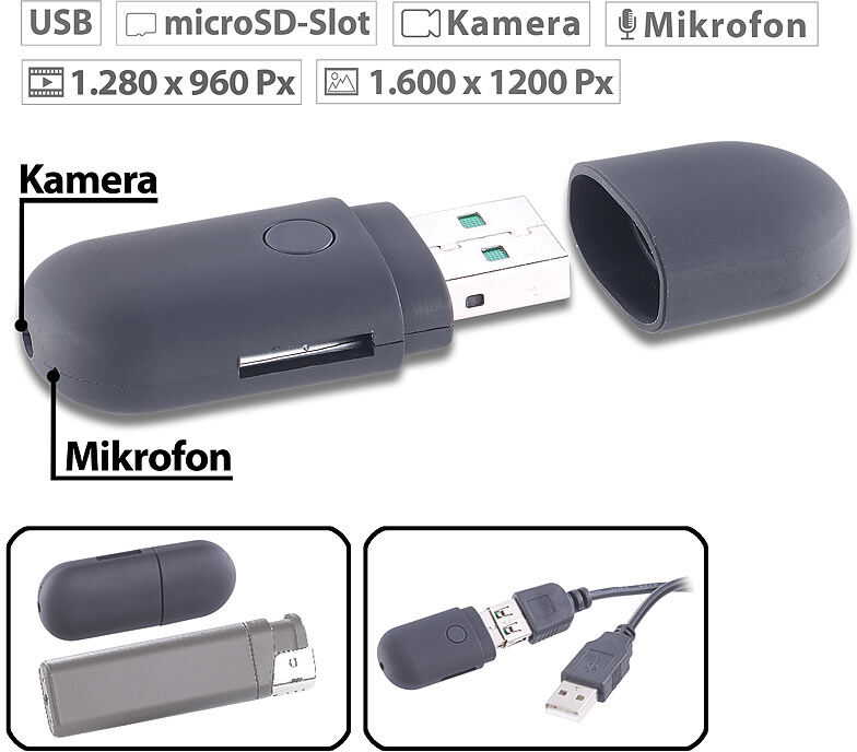 OctaCam Mini-Videokamera & USB-Webcam mit microSD-Kartenleser, 80 mAh