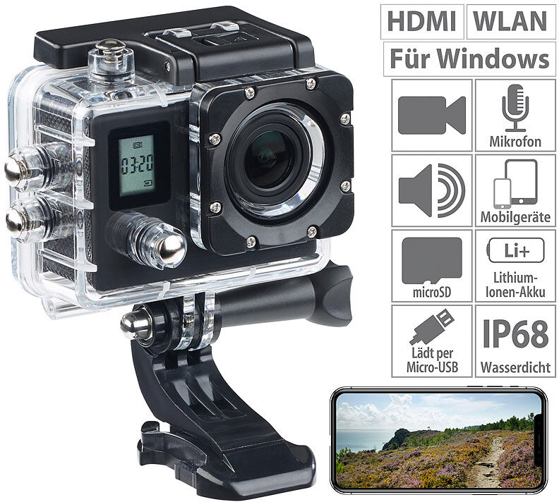 Somikon Einsteiger-4K-Action-Cam, WLAN, 2 Displays, Full HD 60 B./Sek., IP68