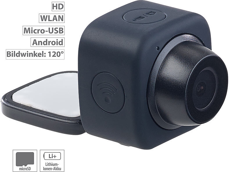 Somikon Mini-Selfie-Cam mit WLAN und App-Steuerung, 720p, Klebepad & Magnet