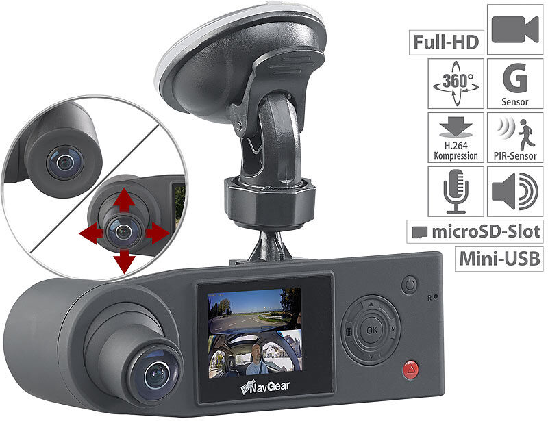 NavGear Full-HD-Dashcam mit 2 Kameras für 360°-Panorama-Sicht, G-Sensor