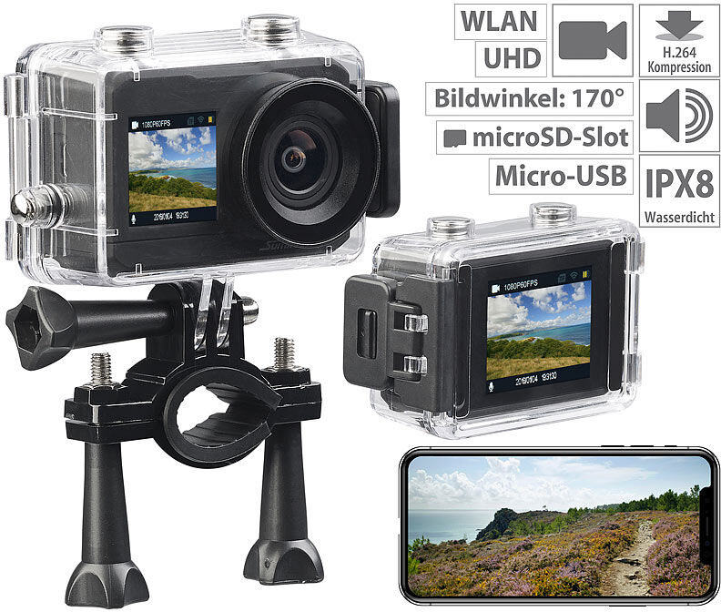 Somikon UHD-Action-Cam mit 2 Displays, WLAN und Sony-Bildsensor, IPX8