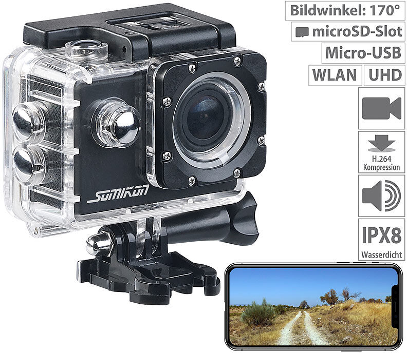 Somikon UHD-Action-Cam DV-3717 mit WLAN, Sony-Bildsensor und App, IPX8