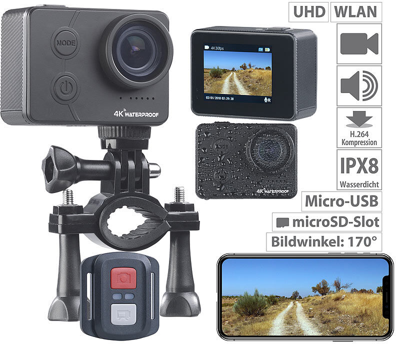 Somikon UHD-Action-Cam mit WLAN, Sony-Sensor, wasserdicht ohne Gehäuse, IPX8