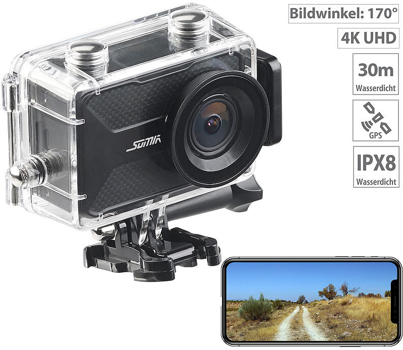 Somikon 4K-Action-Cam mit GPS und WLAN, Unterwasser-Gehäuse mit IPX8