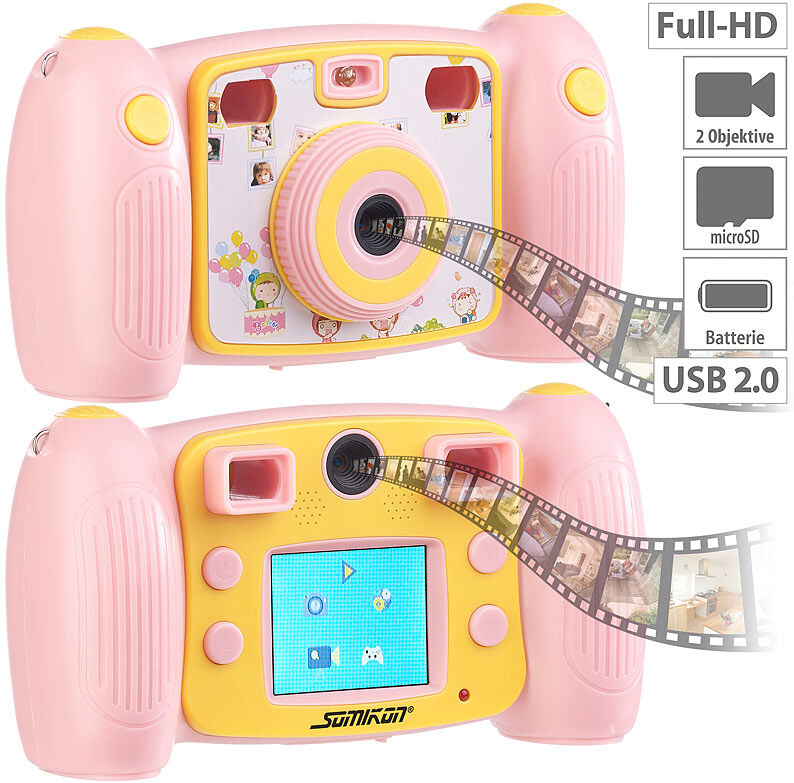 Somikon Kinder-Full-HD-Digitalkamera, 2. Objektiv für Selfies & 2 Sucher, rosa