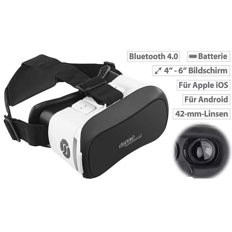 auvisio Virtual-Reality-Brille mit Bluetooth, Magnetschalter und 42-mm-Linsen