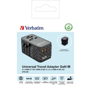 Verbatim Ladeadapter, Universal Travel, UTA-06, GaN III, 100W 2x USB-A QC, 2x USB-C PD, 100-250V, Retail