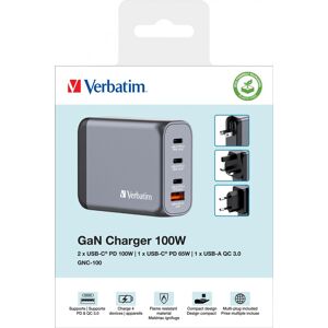 Verbatim Ladeadapter, Universal, GNC-100, GaN, 100W, grau 1x USB-A QC, 3x USB-C PD, Retail