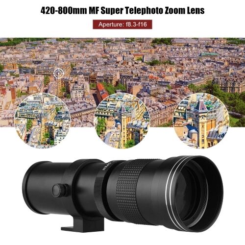 TOMTOP Appareil photo MF Super Téléobjectif Zoom F/8.3-16 420-800mm T Mount + Ensemble de filtres UV/CPL/FLD + 2X téléconvertisseur 420-800mm + Bague d'adaptation T2-EOS de remplacement pour Canon EF-mount EOS Rebel T7 T7i T6 T6 T6i T5 T5 SL2 80D 77D 700D