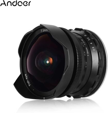 TOMTOP Andoer 7,5 mm F2.8 Objectif fisheye à mise au point manuelle 180° Ultra grand angle à grande ouverture Objectif à monture E Compatible avec Sony APS-C Frame ILDC Camera A6600 A6100 A6400 A6500 A6300 A6000 5100 A77II