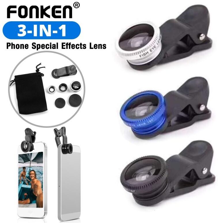 FONKEN 3 in 1 Fisheye Phone Lens Wide Angle Zoom Fish Eye Macro Lenses Camera Kits With Clip Lens On The Phone For Smartphone