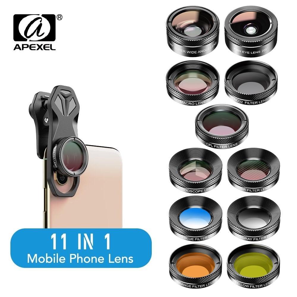 APEXEL 11 In 1 Phone Camera Lens Kit Fisheye Wide Lens Full Colorgrad Filter CPL ND Star Filter for IPhone Xiaomi All Smartphone