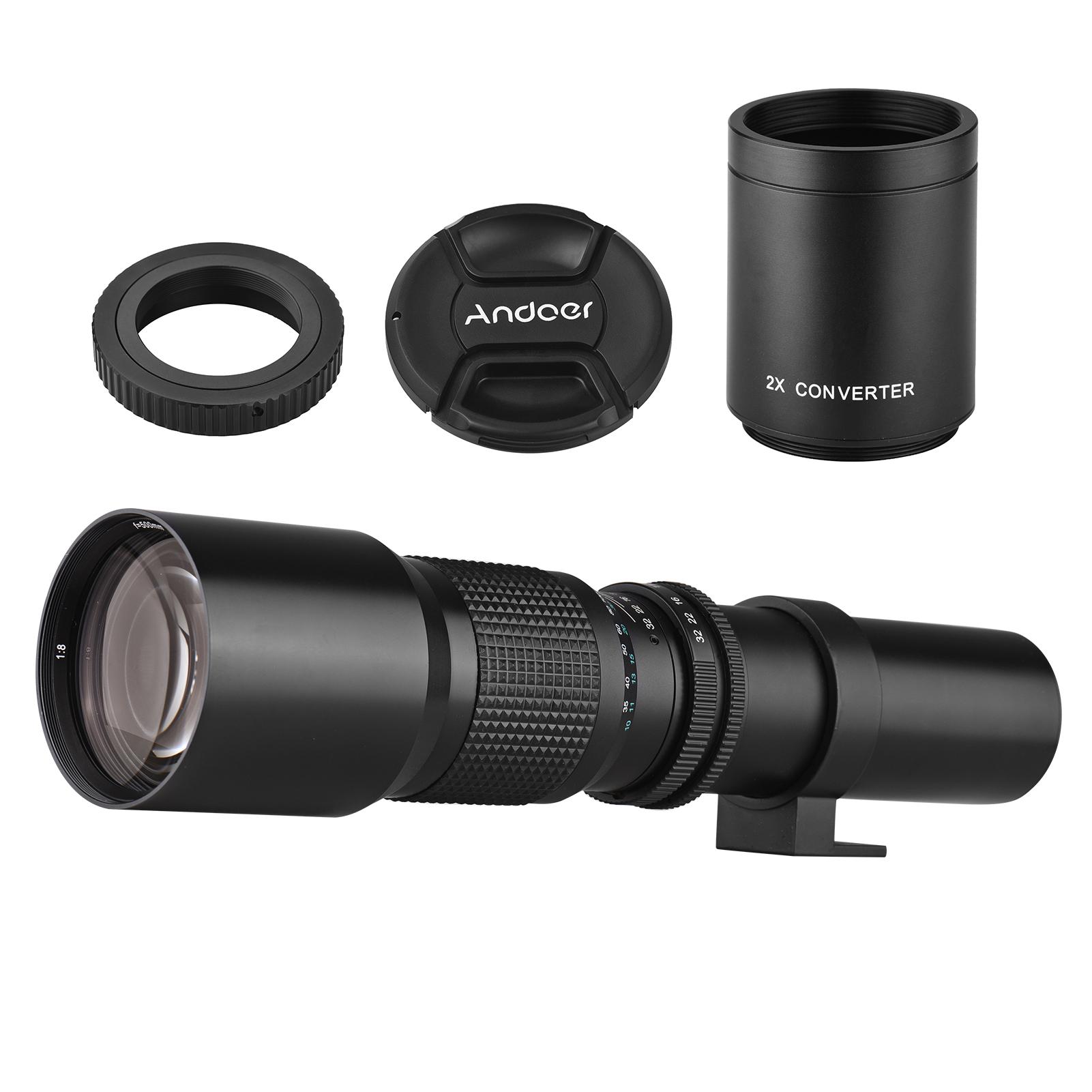 Andoer 500mm/ 1000mm f/8 Manual Focus Camera High Power Telephoto Lens with 2X Converter Lens Cover