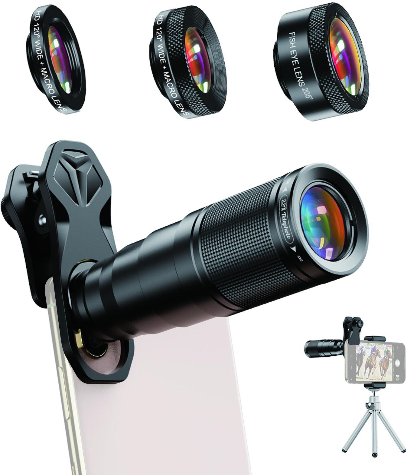 TOMTOP JMS APEXEL APL-22X105-4IN1 Metal Phone Camera Lens 22X Telephoto Lens Fisheye Lens Wide Angle Lens