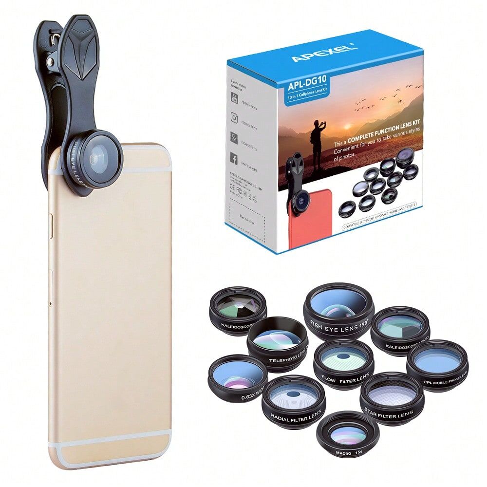 SHEIN APEXEL 10 In 1 Phone Lens Kit Universal Wide Angle Macro CPL Filter Telescope Lens Fisheye Lens For Almost Smartphone,Phone Camera Lens Kit Fisheye Wide Angle Telescope Macro Mobile Lens For Cell Phone Black one-size