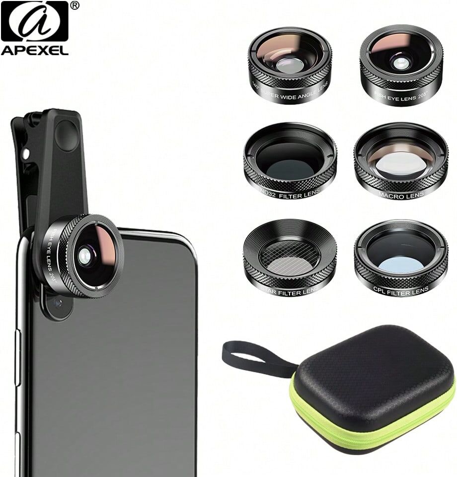 SHEIN APEXEL Phone Camera Lens Kit 6 In 1 Fish Eye Lens 205 Degree Wide Angle 25X Macro Lens With CPL/Star ND Filter For Smartphones Mobile Phone Accessories Black one-size