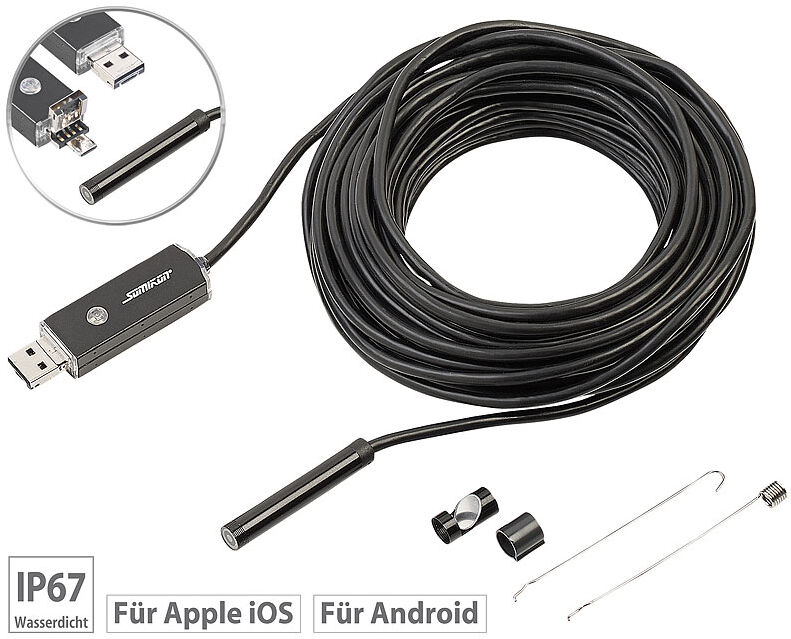 Somikon USB-HD-Endoskop-Kamera für PC und OTG-Android-Smartphone, 10 m, IP67