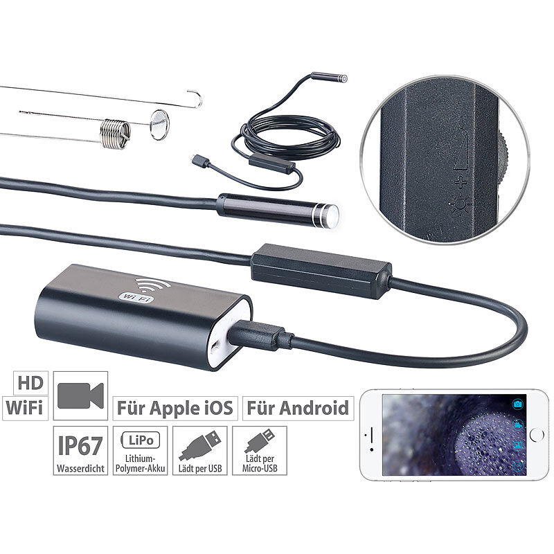 Somikon WiFi-HD-Endoskop-Kamera für iOS- und Android-Mobilgeräte, 2 m