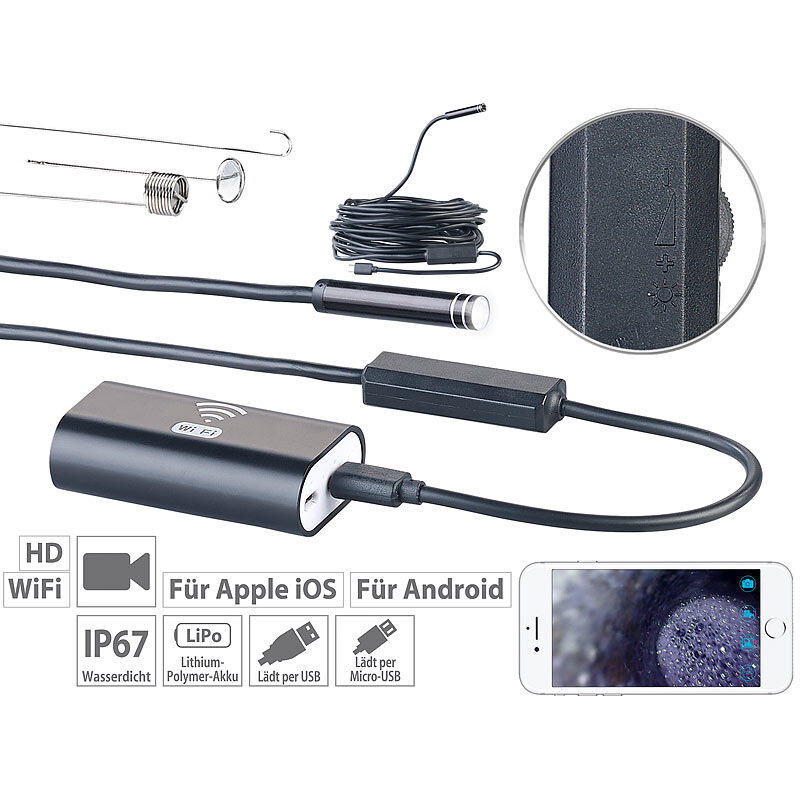 Somikon WiFi-HD-Endoskop-Kamera für iOS- und Android-Mobilgeräte, 10 m