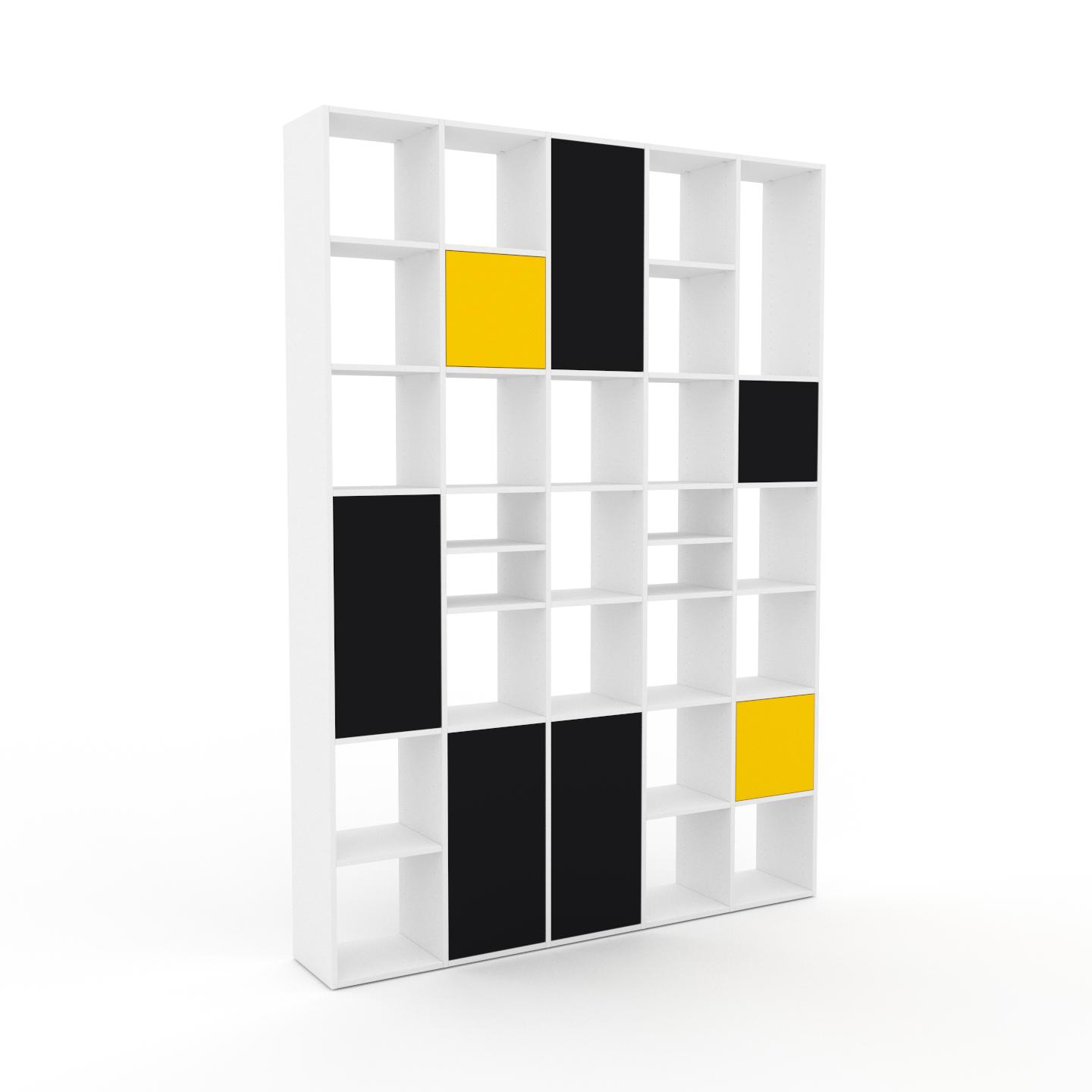 MYCS Bücherregal Weiß - Modernes Regal für Bücher: Türen in Schwarz - 195 x 272 x 35 cm, Individuell konfigurierbar