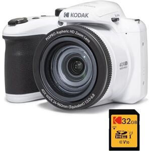 Kodak Pack Bridge Numérique Pixpro Astro Zoom AZ405 + Carte SDHC  Ultra High Speed U1 32GB Appareil Photo 20 mégapixels, Zoom X40, Grand Angle, LCD, Vidéo Full HD 1080p, OIS, Pile AA Blanc - Publicité